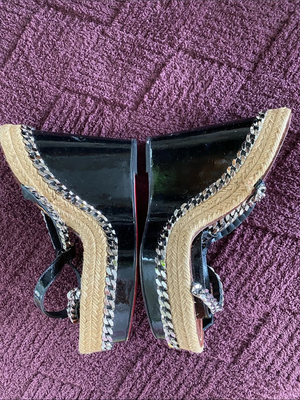 Christian Louboutin Black Patent Leather Espadrille Wedge Sandals